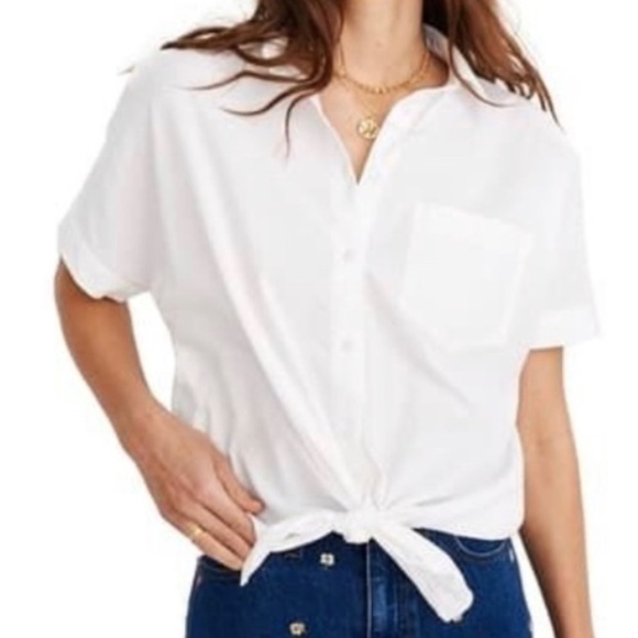 Madewell White Preppy Coquette Short Sleeve Tie Front Button Down Shirt Size M - Picture 1 of 13